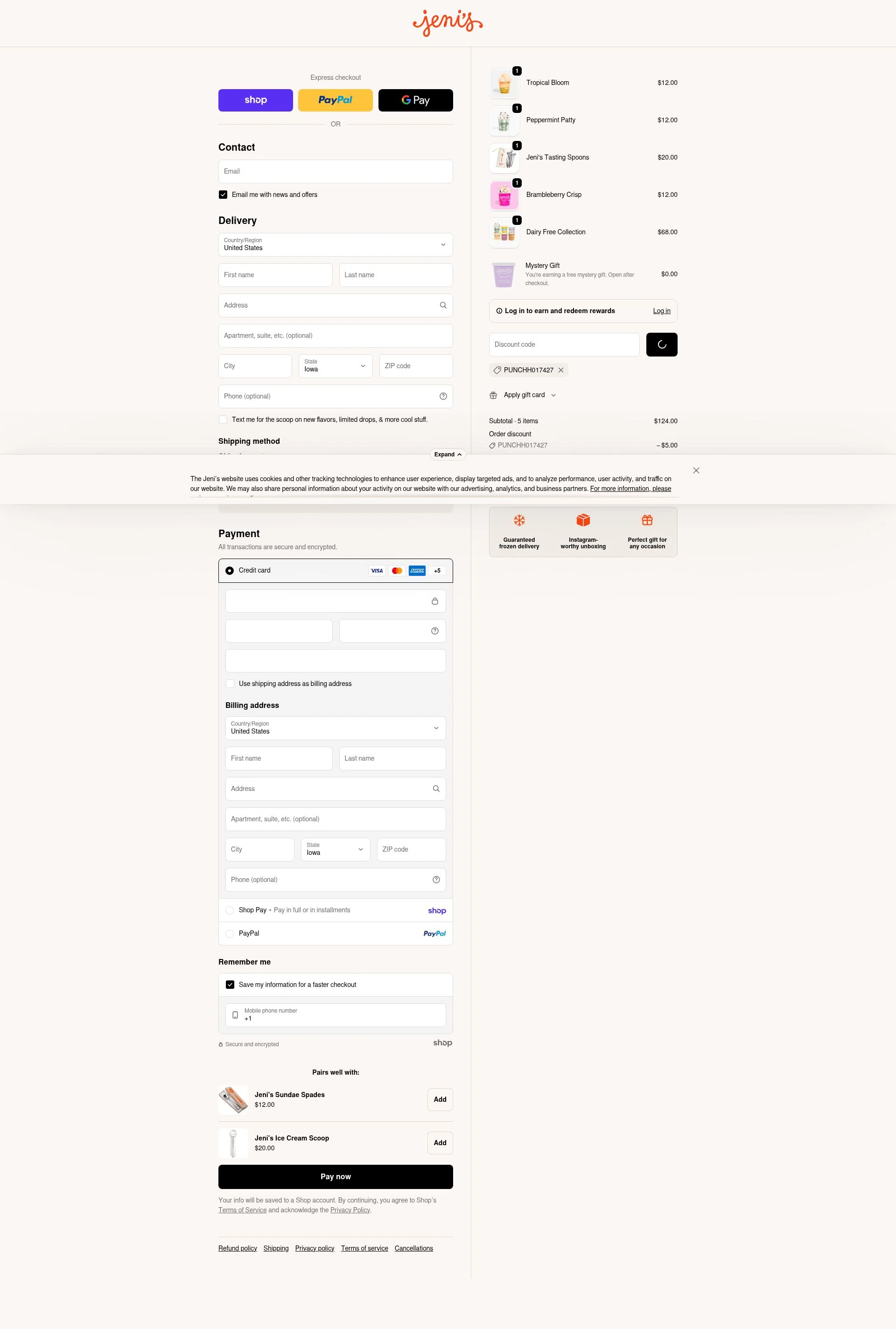 Jeni's Splendid Ice Creams checkout page showing Jeni's Splendid Ice Creams promo code box | Screenshot taken by SimplyCodes community member on Jan 26, 2026