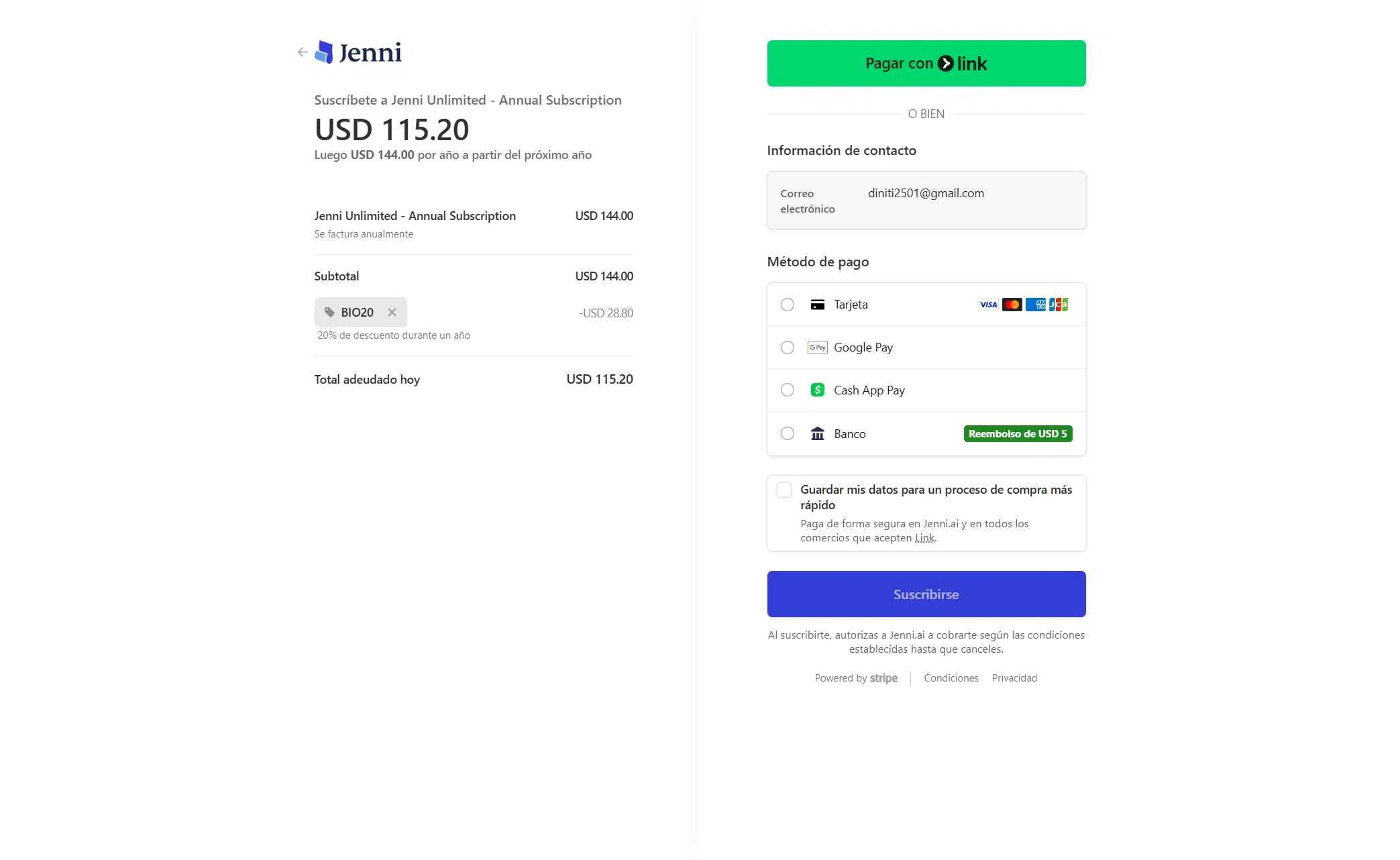 Jenni AI checkout page showing Jenni AI promo code box | Screenshot taken by SimplyCodes community member on Feb 2, 2026