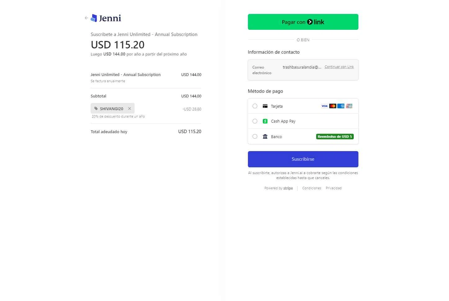 Jenni AI checkout page showing Jenni AI promo code box | Screenshot taken by SimplyCodes community member on Feb 1, 2026