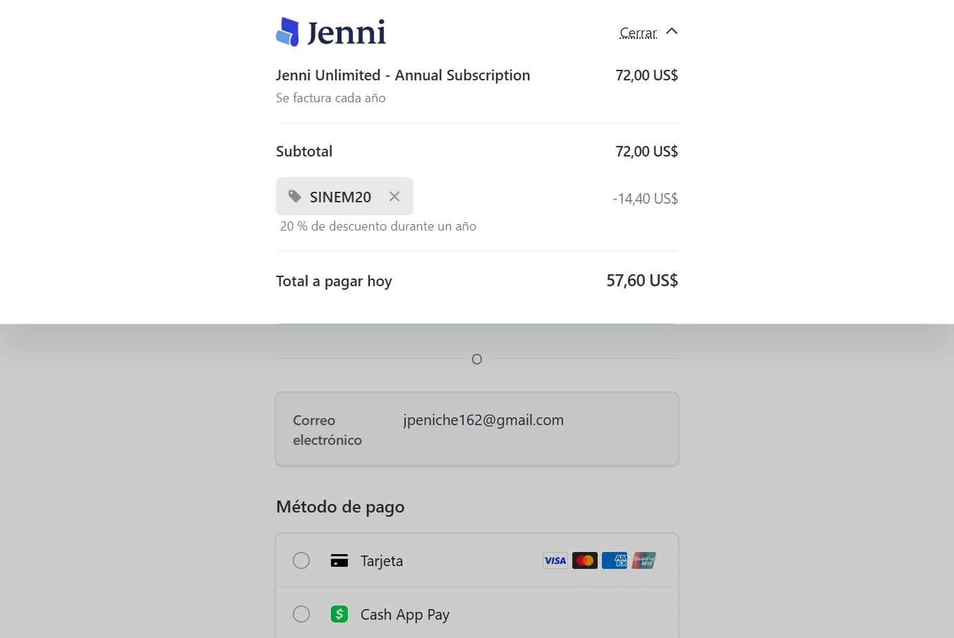 Jenni AI checkout page showing Jenni AI promo code box | Screenshot taken by SimplyCodes community member on Jan 31, 2026