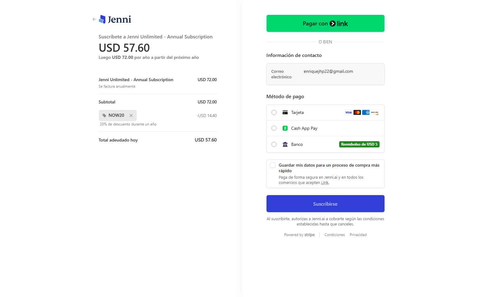 Jenni AI checkout page showing Jenni AI promo code box | Screenshot taken by SimplyCodes community member on Feb 1, 2026