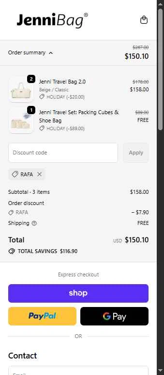 JenniBag checkout page showing JenniBag discount code box | Screenshot taken by SimplyCodes community member on Feb 8, 2026