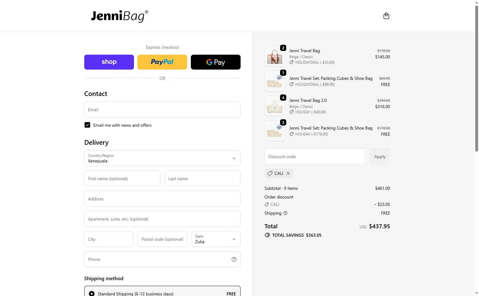 JenniBag checkout page showing JenniBag discount code box | Screenshot taken by SimplyCodes community member on Feb 8, 2026