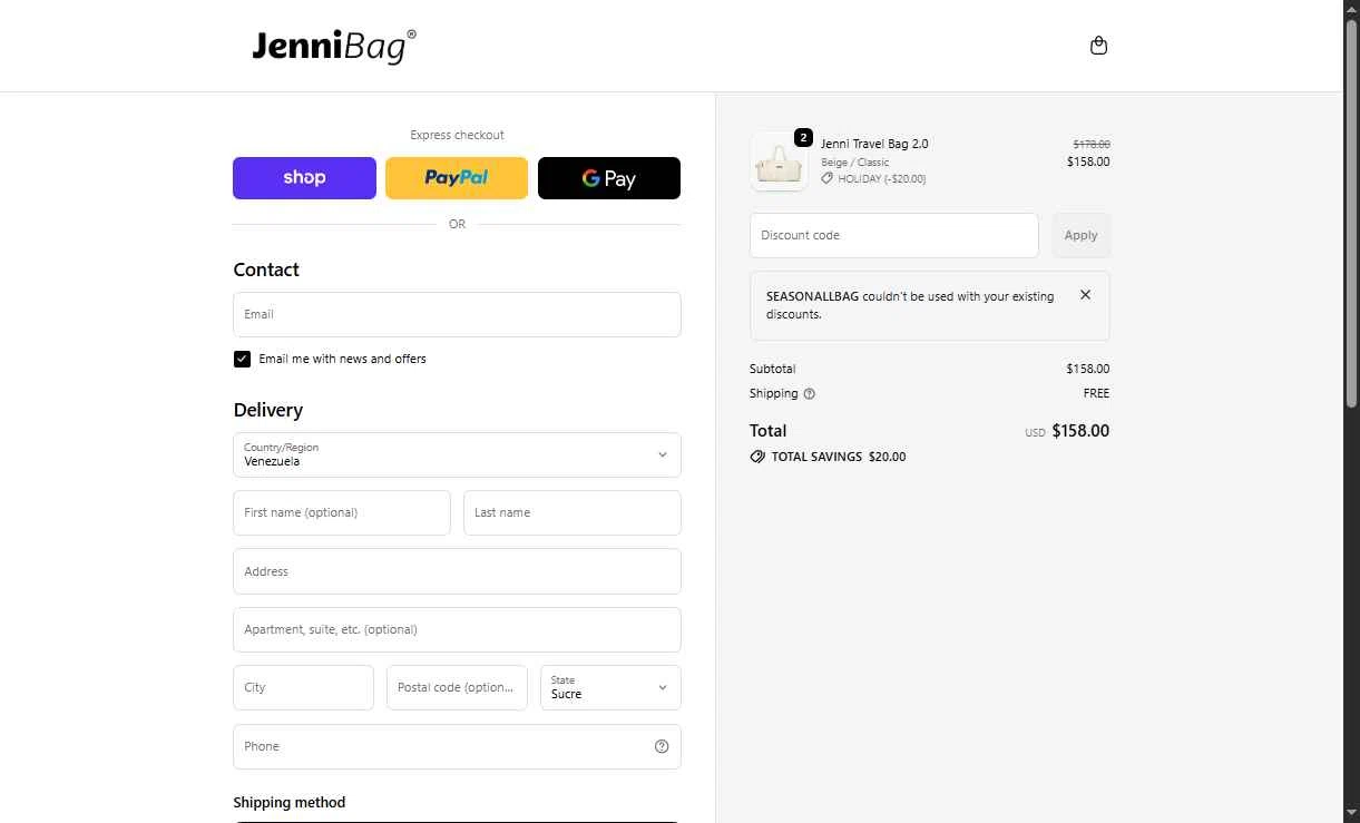 JenniBag checkout page showing JenniBag discount code box | Screenshot taken by SimplyCodes community member on Feb 8, 2026