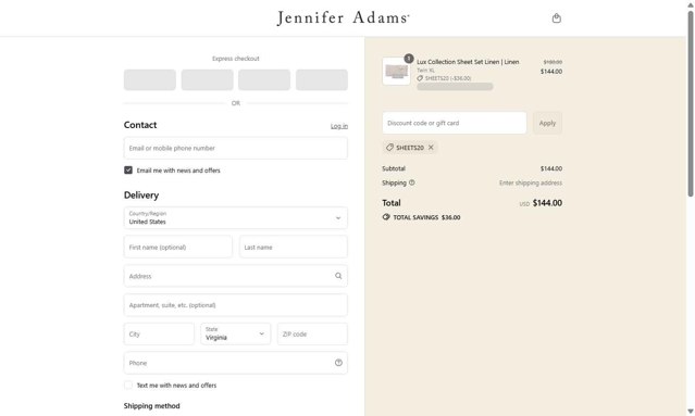 Jennifer Adams checkout page showing Jennifer Adams discount code box | Screenshot taken by SimplyCodes community member on Sep 4, 2025