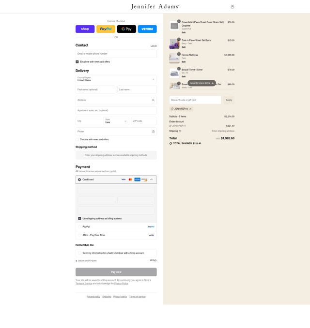 Jennifer Adams checkout page showing Jennifer Adams discount code box | Screenshot taken by SimplyCodes community member on Aug 31, 2025