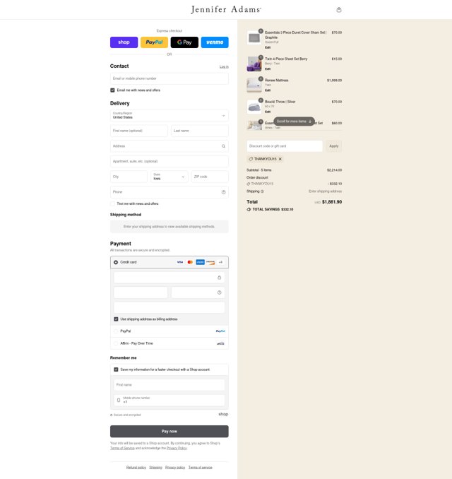 Jennifer Adams checkout page showing Jennifer Adams discount code box | Screenshot taken by SimplyCodes community member on Aug 31, 2025