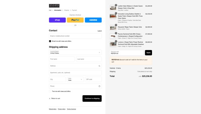 Jennifer Furniture checkout page showing Jennifer Furniture discount code box | Screenshot taken by SimplyCodes community member on Sep 3, 2025