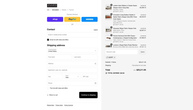 Jennifer Furniture checkout page showing Jennifer Furniture discount code box | Screenshot taken by SimplyCodes community member on Sep 3, 2025