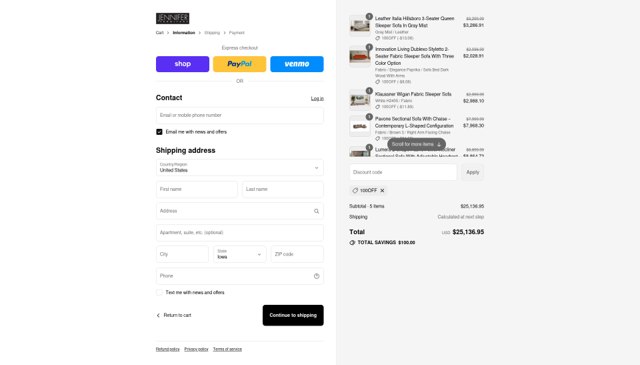 Jennifer Furniture checkout page showing Jennifer Furniture discount code box | Screenshot taken by SimplyCodes community member on Sep 3, 2025