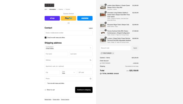 Jennifer Furniture checkout page showing Jennifer Furniture discount code box | Screenshot taken by SimplyCodes community member on Sep 3, 2025
