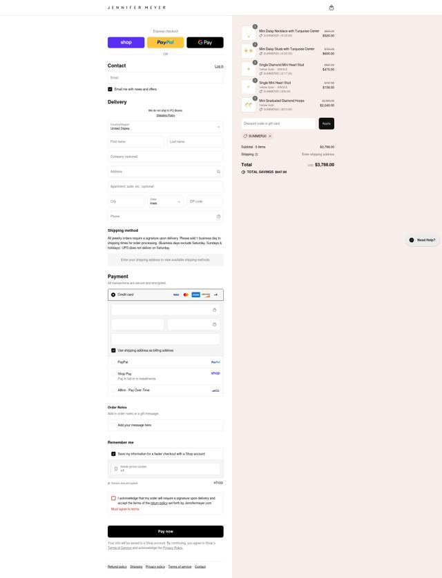 Jennifer Meyer checkout page showing Jennifer Meyer discount code box | Screenshot taken by SimplyCodes community member on Sep 3, 2025