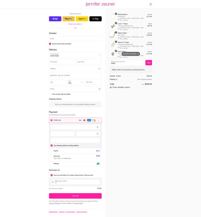 Jennifer Zeuner checkout page showing Jennifer Zeuner promo code box | Screenshot taken by SimplyCodes community member on Sep 2, 2025