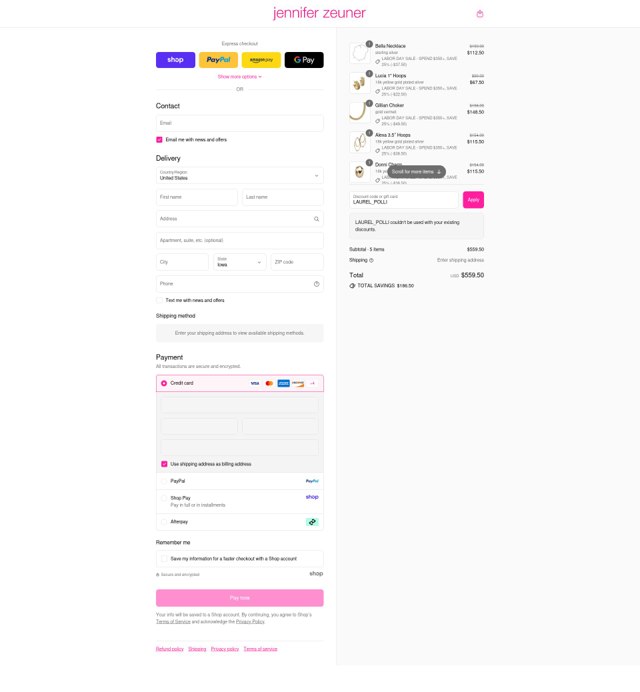 Jennifer Zeuner checkout page showing Jennifer Zeuner promo code box | Screenshot taken by SimplyCodes community member on Sep 2, 2025