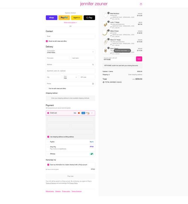 Jennifer Zeuner checkout page showing Jennifer Zeuner promo code box | Screenshot taken by SimplyCodes community member on Sep 2, 2025