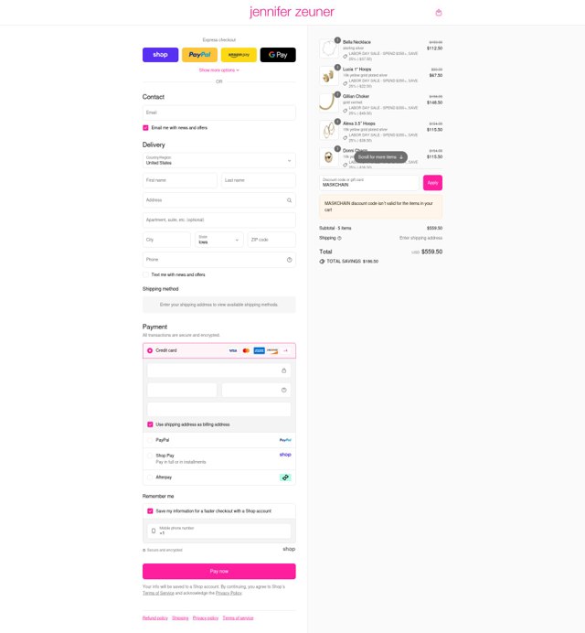 Jennifer Zeuner checkout page showing Jennifer Zeuner promo code box | Screenshot taken by SimplyCodes community member on Sep 2, 2025