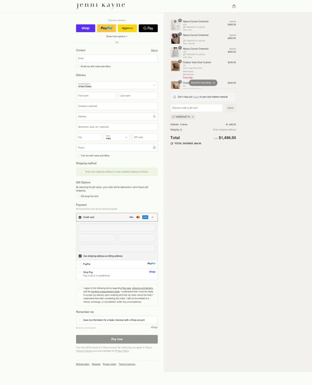 Jenni Kayne checkout page showing Jenni Kayne discount code box | Screenshot taken by SimplyCodes community member on Sep 15, 2025