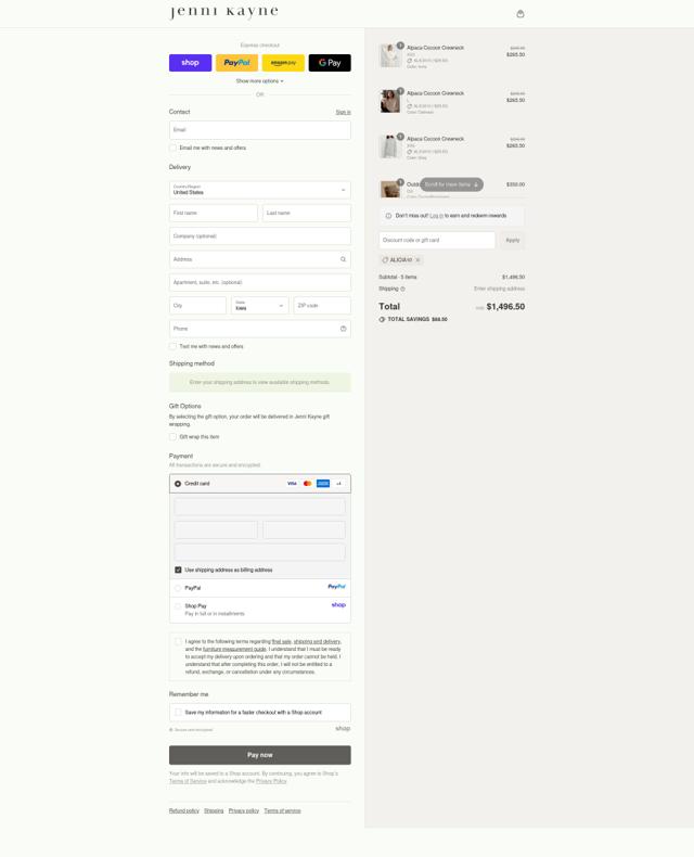Jenni Kayne checkout page showing Jenni Kayne discount code box | Screenshot taken by SimplyCodes community member on Sep 15, 2025