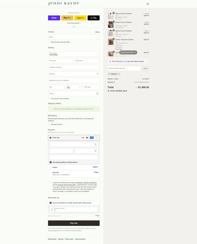 Jenni Kayne checkout page showing Jenni Kayne discount code box | Screenshot taken by SimplyCodes community member on Sep 15, 2025