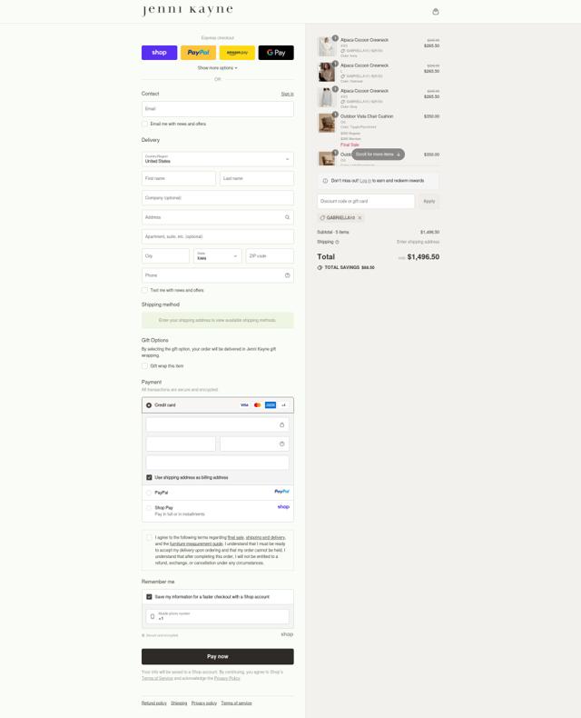 Jenni Kayne checkout page showing Jenni Kayne discount code box | Screenshot taken by SimplyCodes community member on Sep 15, 2025