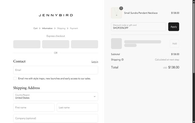 Jenny Bird checkout page showing Jenny Bird discount code box | Screenshot taken by SimplyCodes community member on Sep 2, 2025