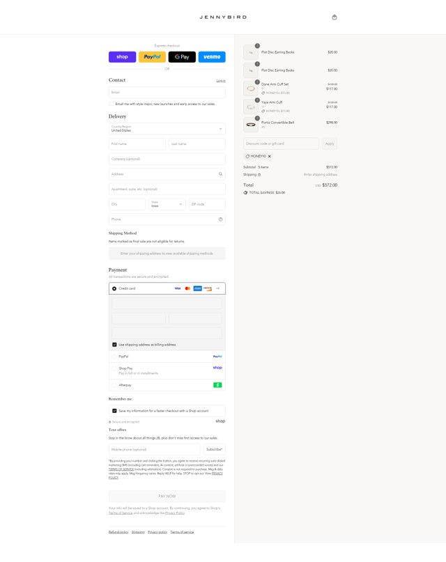 Jenny Bird checkout page showing Jenny Bird discount code box | Screenshot taken by SimplyCodes community member on Sep 2, 2025
