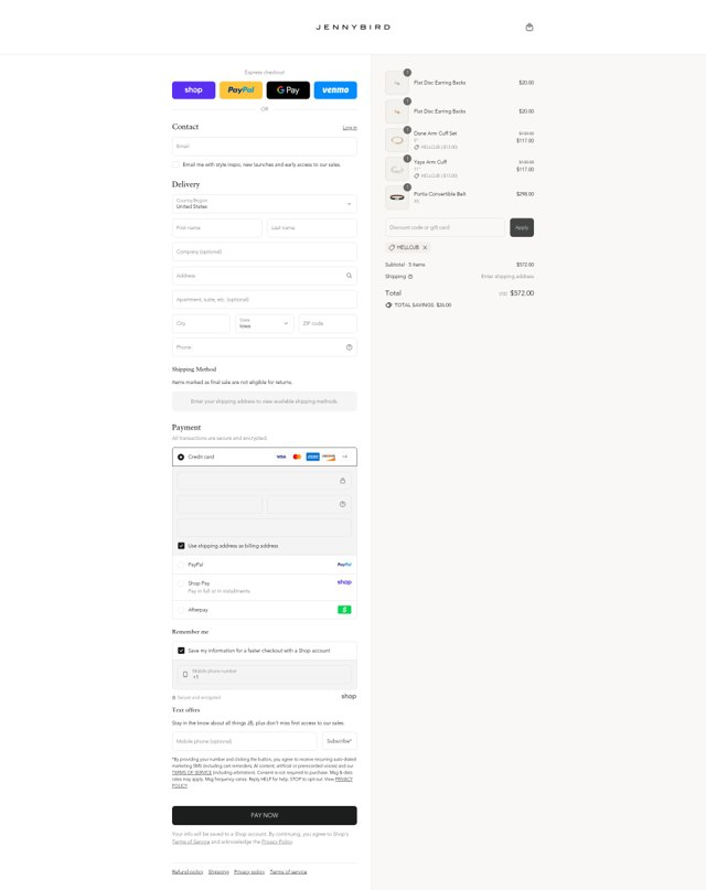 Jenny Bird checkout page showing Jenny Bird discount code box | Screenshot taken by SimplyCodes community member on Sep 2, 2025