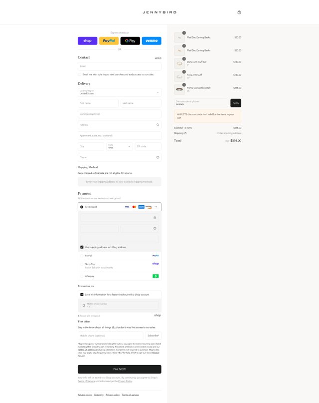 Jenny Bird checkout page showing Jenny Bird discount code box | Screenshot taken by SimplyCodes community member on Sep 2, 2025