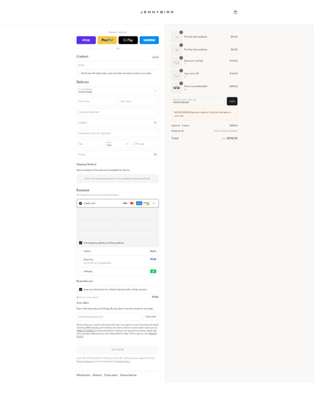 Jenny Bird checkout page showing Jenny Bird discount code box | Screenshot taken by SimplyCodes community member on Sep 2, 2025