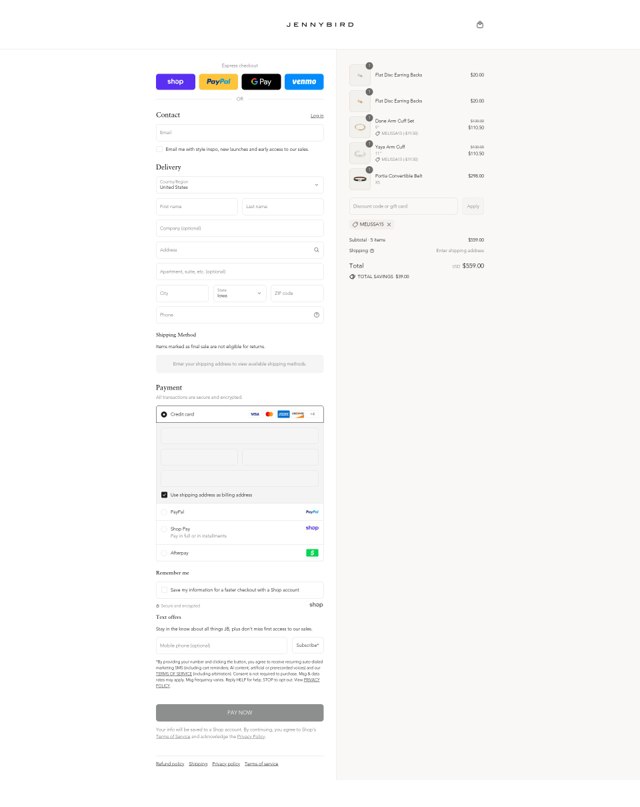 Jenny Bird checkout page showing Jenny Bird discount code box | Screenshot taken by SimplyCodes community member on Sep 2, 2025