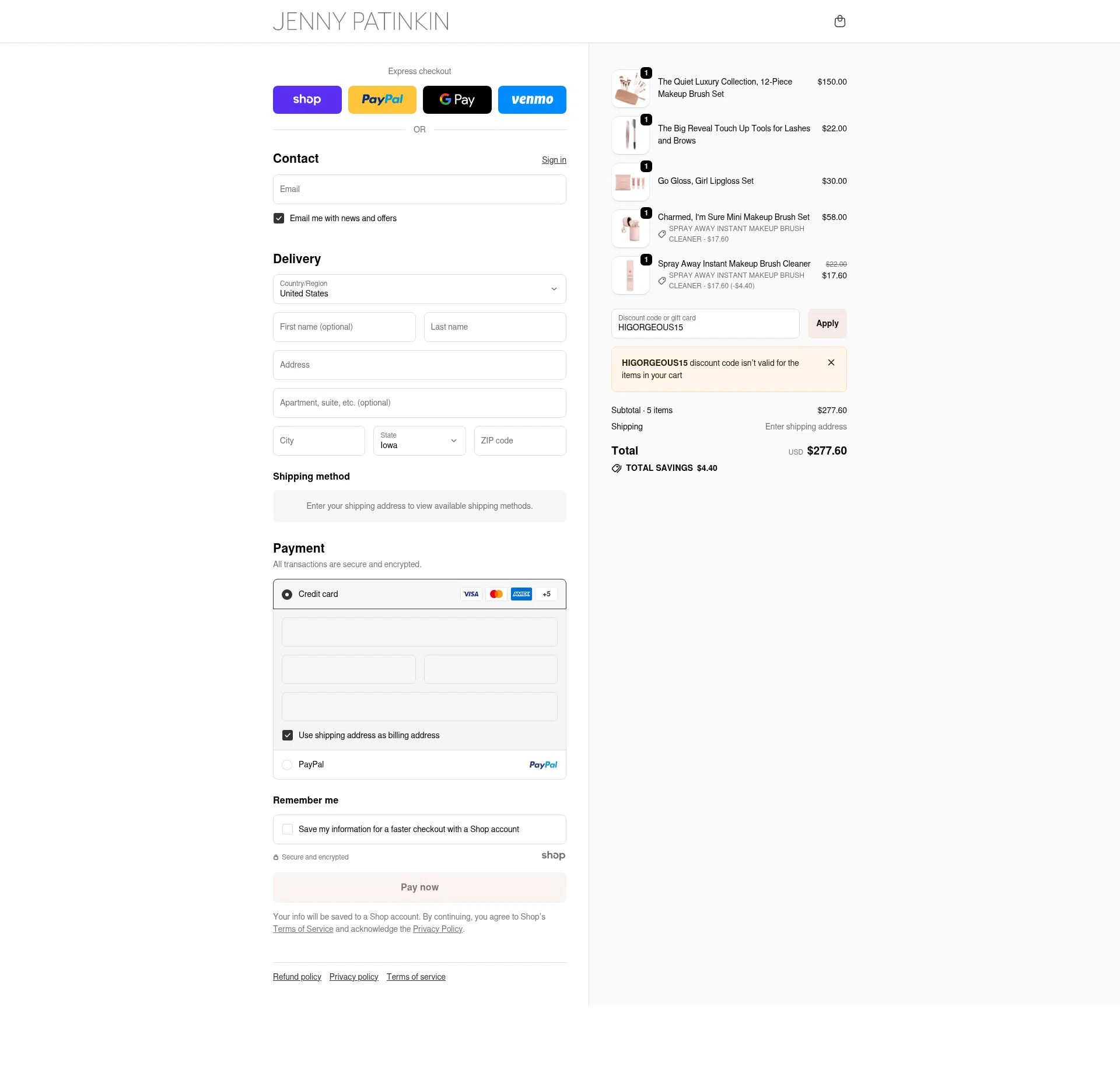 Jenny Patinkin checkout page showing Jenny Patinkin promo code box | Screenshot taken by SimplyCodes community member on Nov 19, 2025