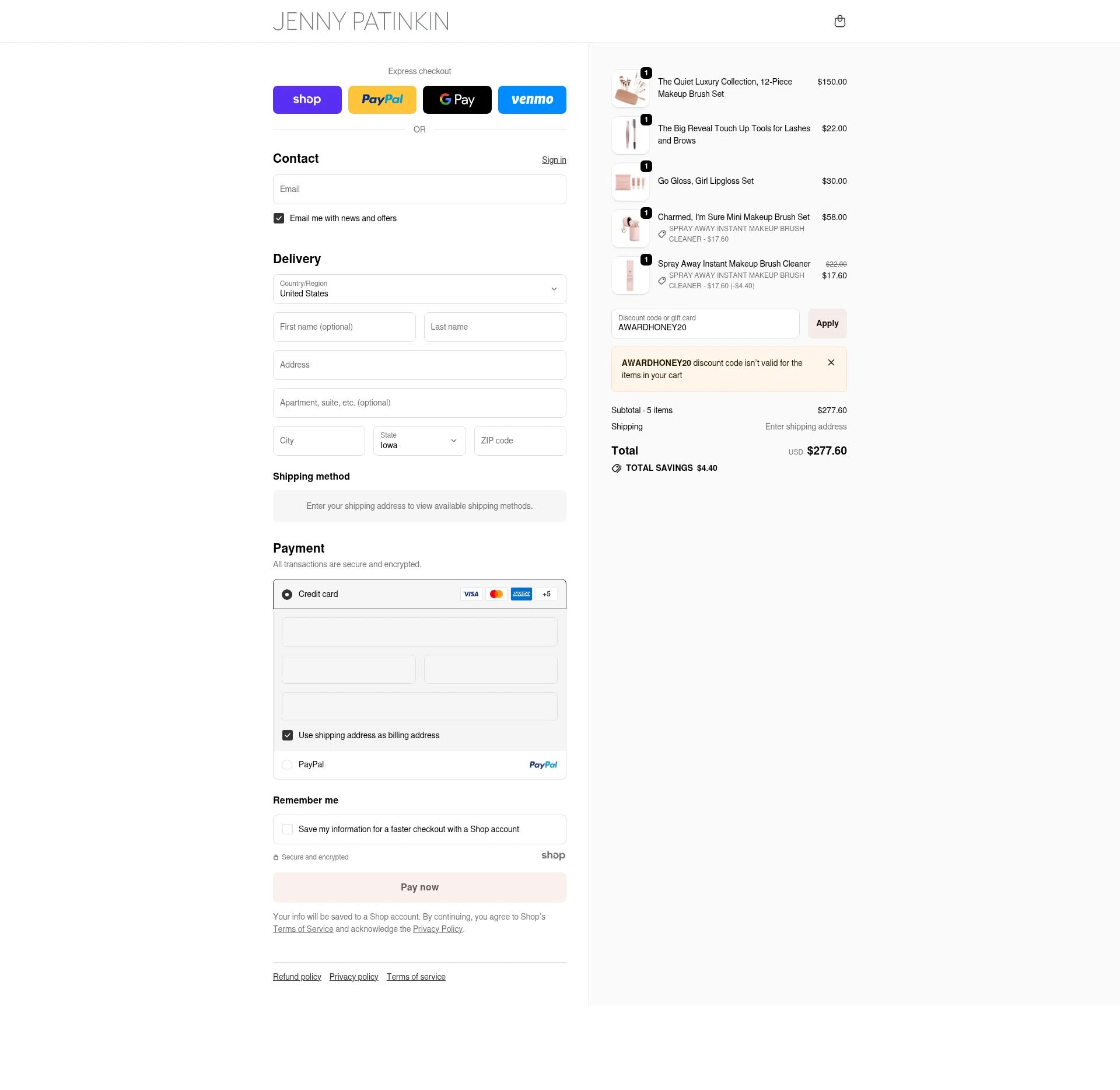 Jenny Patinkin checkout page showing Jenny Patinkin promo code box | Screenshot taken by SimplyCodes community member on Nov 19, 2025