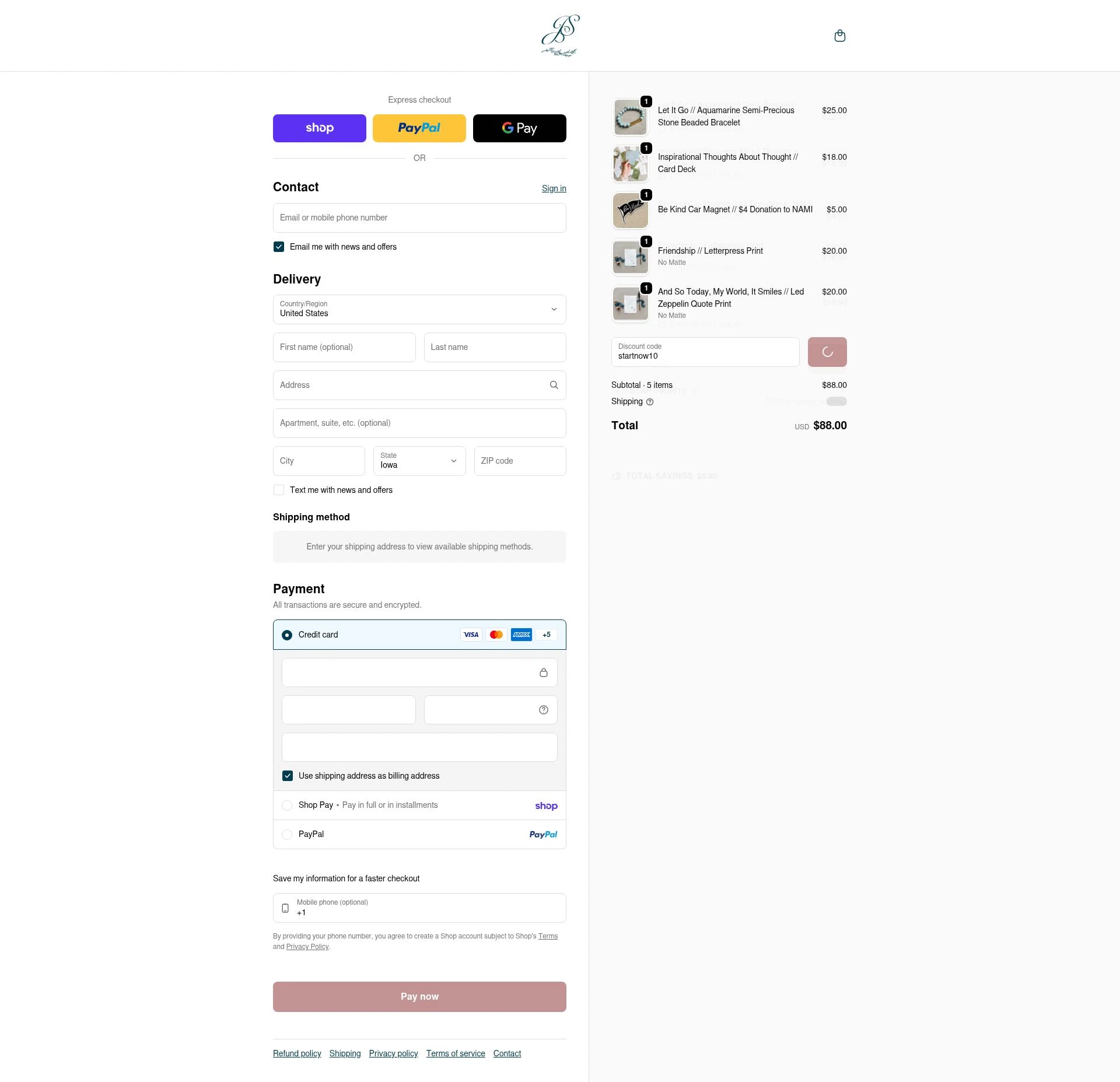 Jen Simpson Design checkout page showing Jen Simpson Design promo code box | Screenshot taken by SimplyCodes community member on Feb 9, 2026