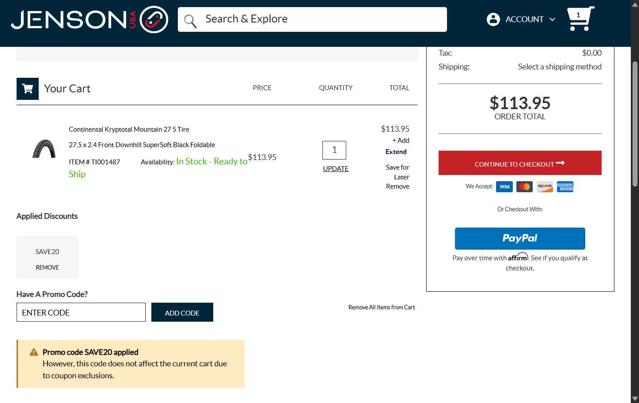 JensonUSA checkout page showing JensonUSA promo code box | Screenshot taken by SimplyCodes community member on Aug 30, 2025