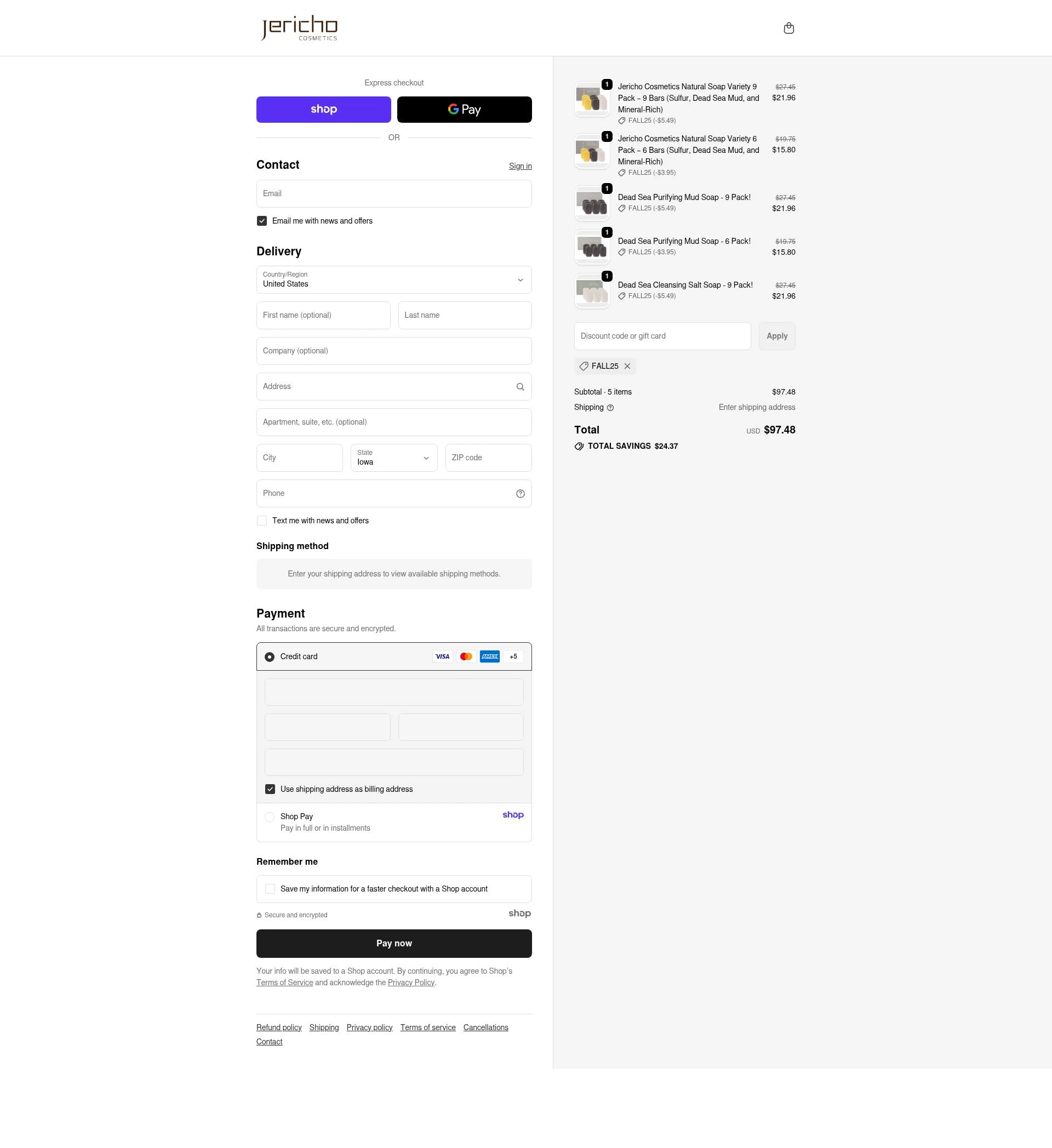 Jericho Cosmetics checkout page showing Jericho Cosmetics promo code box | Screenshot taken by SimplyCodes community member on Oct 26, 2025