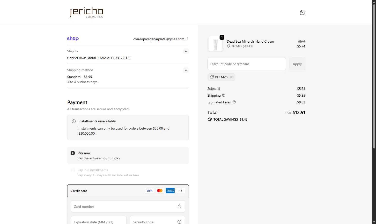Jericho Cosmetics checkout page showing Jericho Cosmetics promo code box | Screenshot taken by SimplyCodes community member on Dec 4, 2025