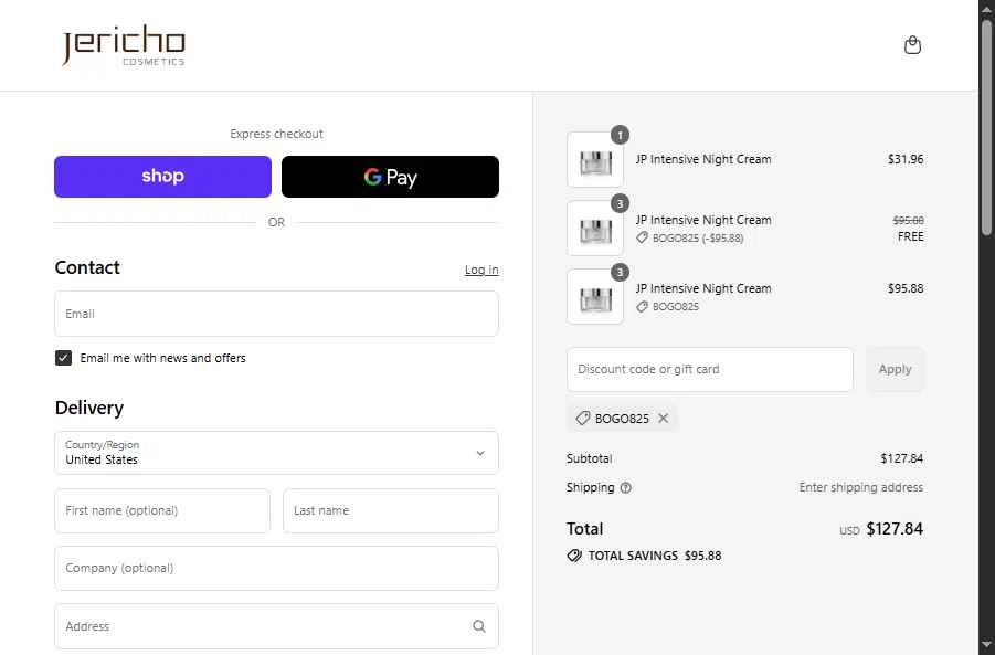 Jericho Cosmetics checkout page showing Jericho Cosmetics promo code box | Screenshot taken by SimplyCodes community member on Aug 30, 2025