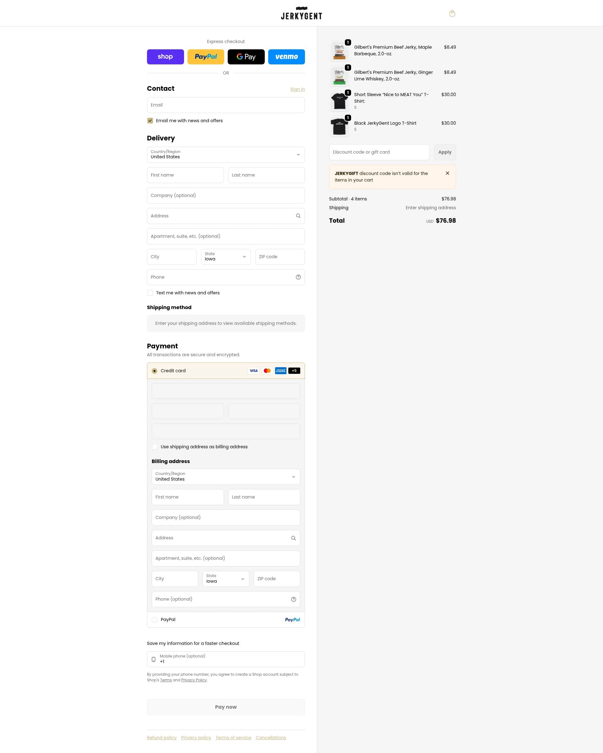 JerkyGent checkout page showing JerkyGent discount code box | Screenshot taken by SimplyCodes community member on Feb 2, 2026