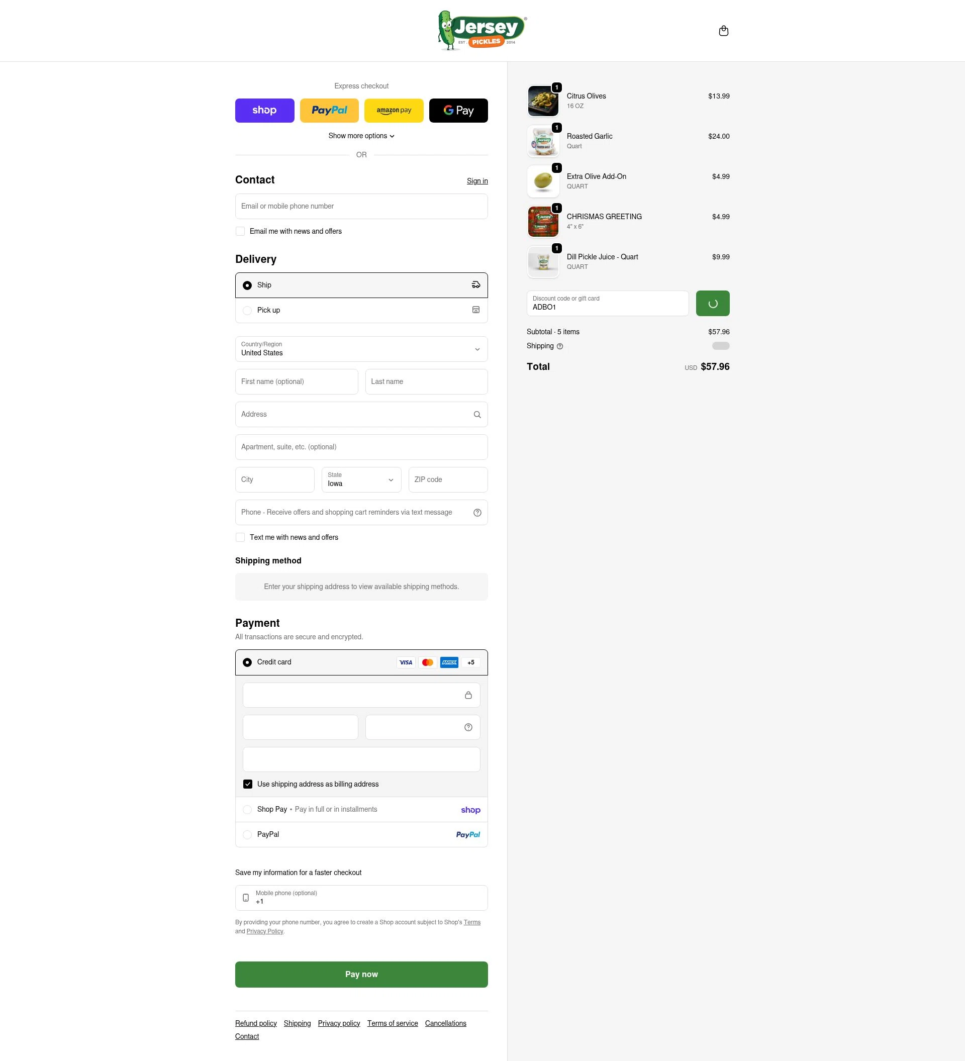 Jersey Pickles checkout page showing Jersey Pickles discount code box | Screenshot taken by SimplyCodes community member on Feb 4, 2026