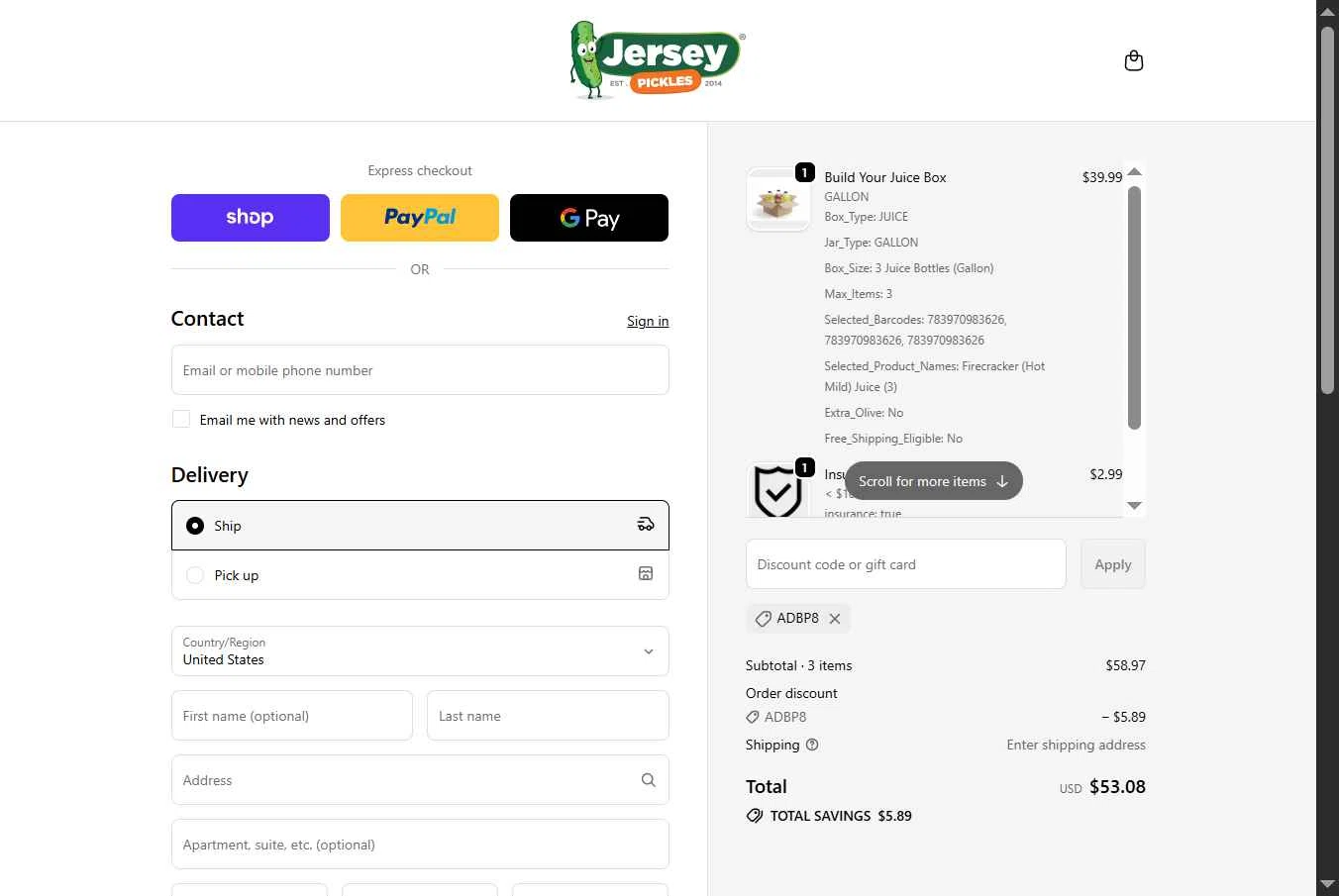 Jersey Pickles checkout page showing Jersey Pickles discount code box | Screenshot taken by SimplyCodes community member on Feb 5, 2026