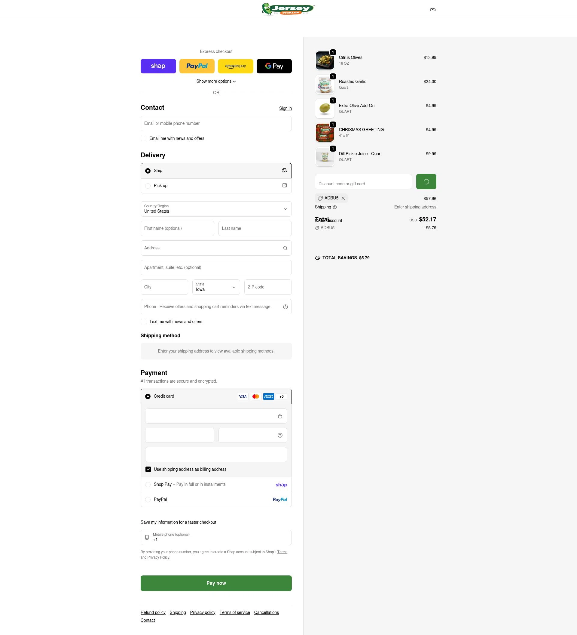 Jersey Pickles checkout page showing Jersey Pickles discount code box | Screenshot taken by SimplyCodes community member on Feb 4, 2026