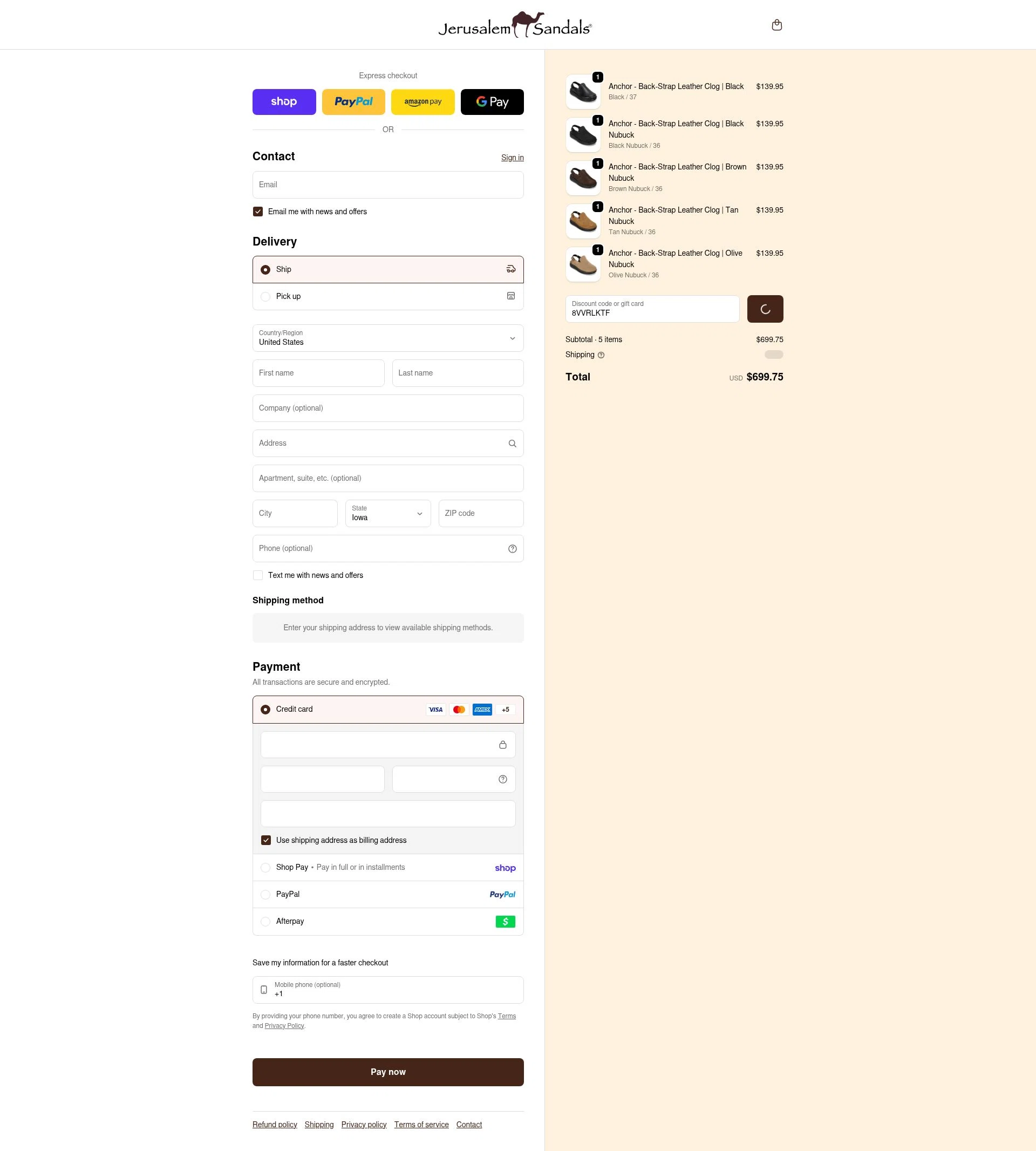 Jerusalem Sandals checkout page showing Jerusalem Sandals discount code box | Screenshot taken by SimplyCodes community member on Feb 11, 2026