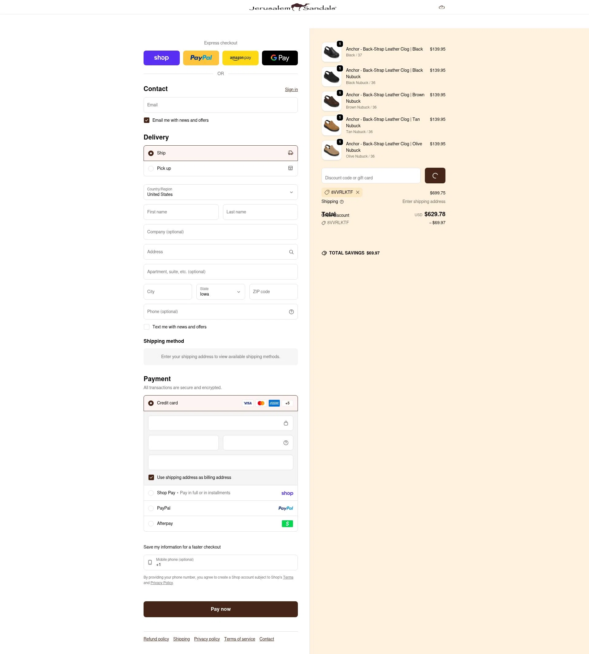 Jerusalem Sandals checkout page showing Jerusalem Sandals discount code box | Screenshot taken by SimplyCodes community member on Feb 20, 2026
