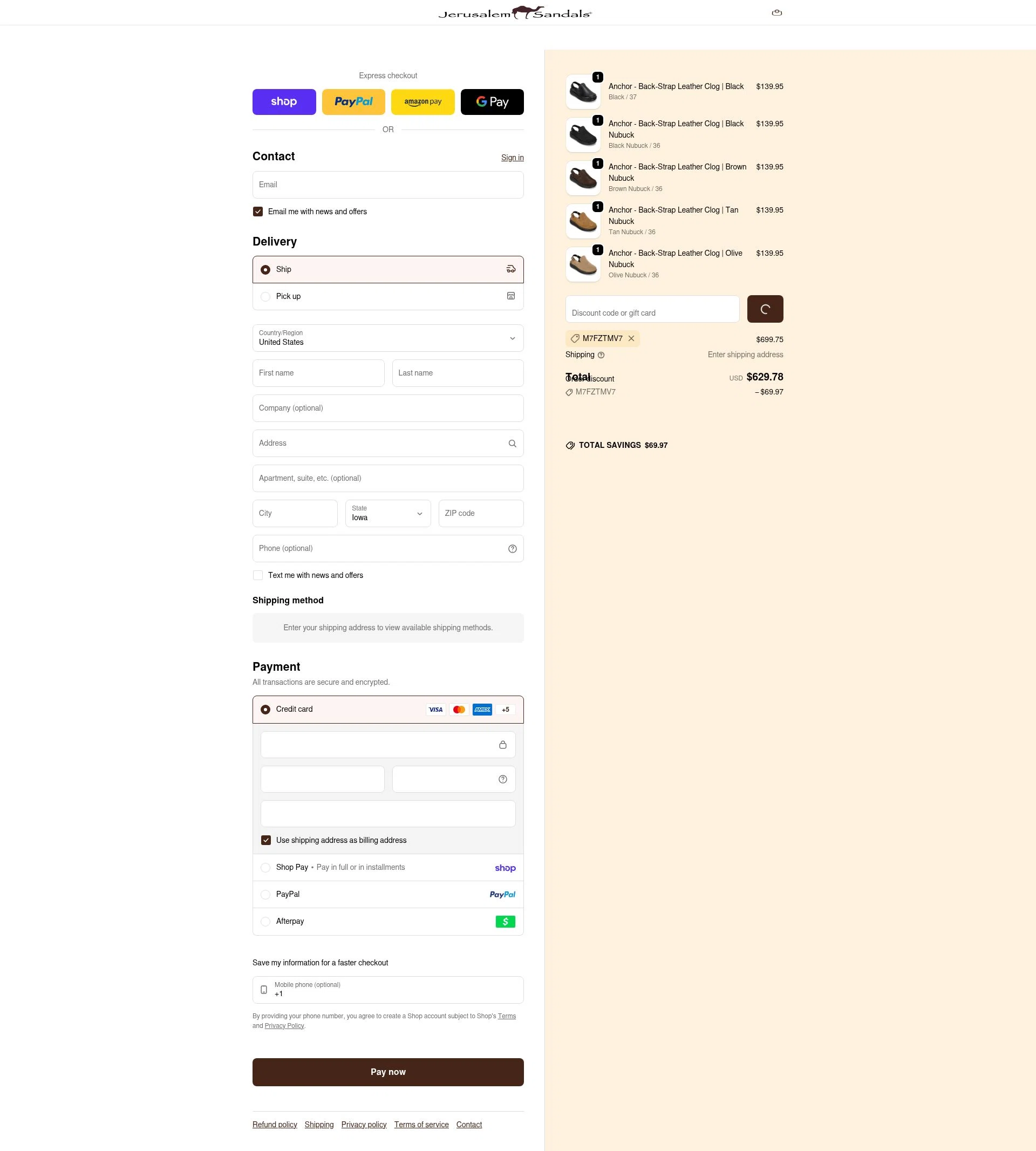 Jerusalem Sandals checkout page showing Jerusalem Sandals discount code box | Screenshot taken by SimplyCodes community member on Feb 20, 2026