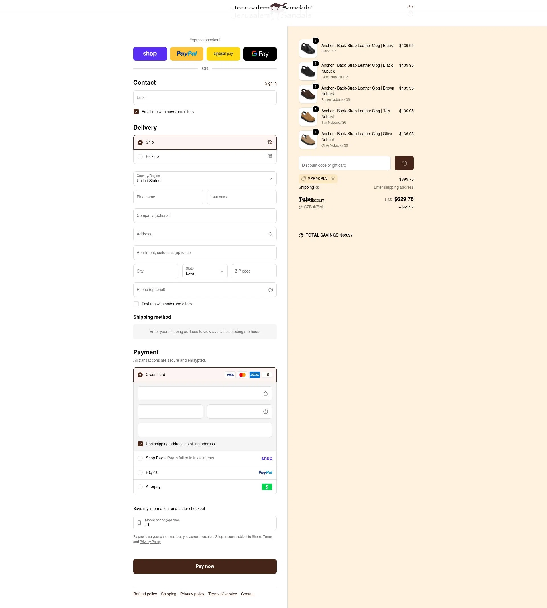 Jerusalem Sandals checkout page showing Jerusalem Sandals discount code box | Screenshot taken by SimplyCodes community member on Feb 16, 2026