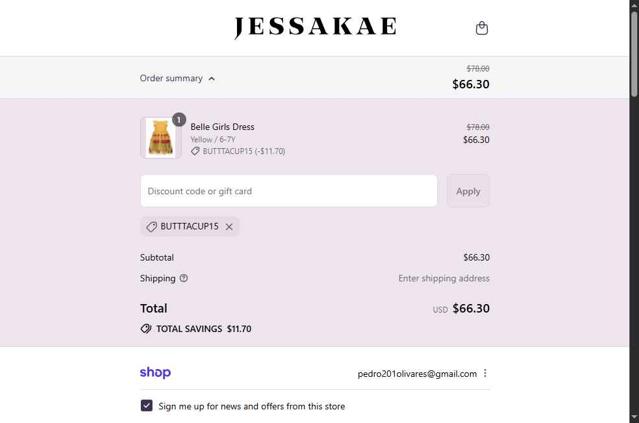 JessaKae checkout page showing JessaKae discount code box | Screenshot taken by SimplyCodes community member on Sep 13, 2025