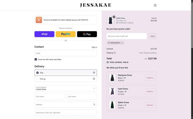 JessaKae checkout page showing JessaKae discount code box | Screenshot taken by SimplyCodes community member on Sep 13, 2025