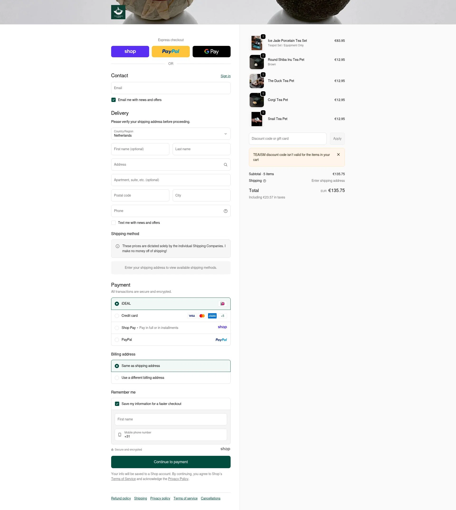 Jesse's Teahouse checkout page showing Jesse's Teahouse discount code box | Screenshot taken by SimplyCodes community member on Dec 27, 2025