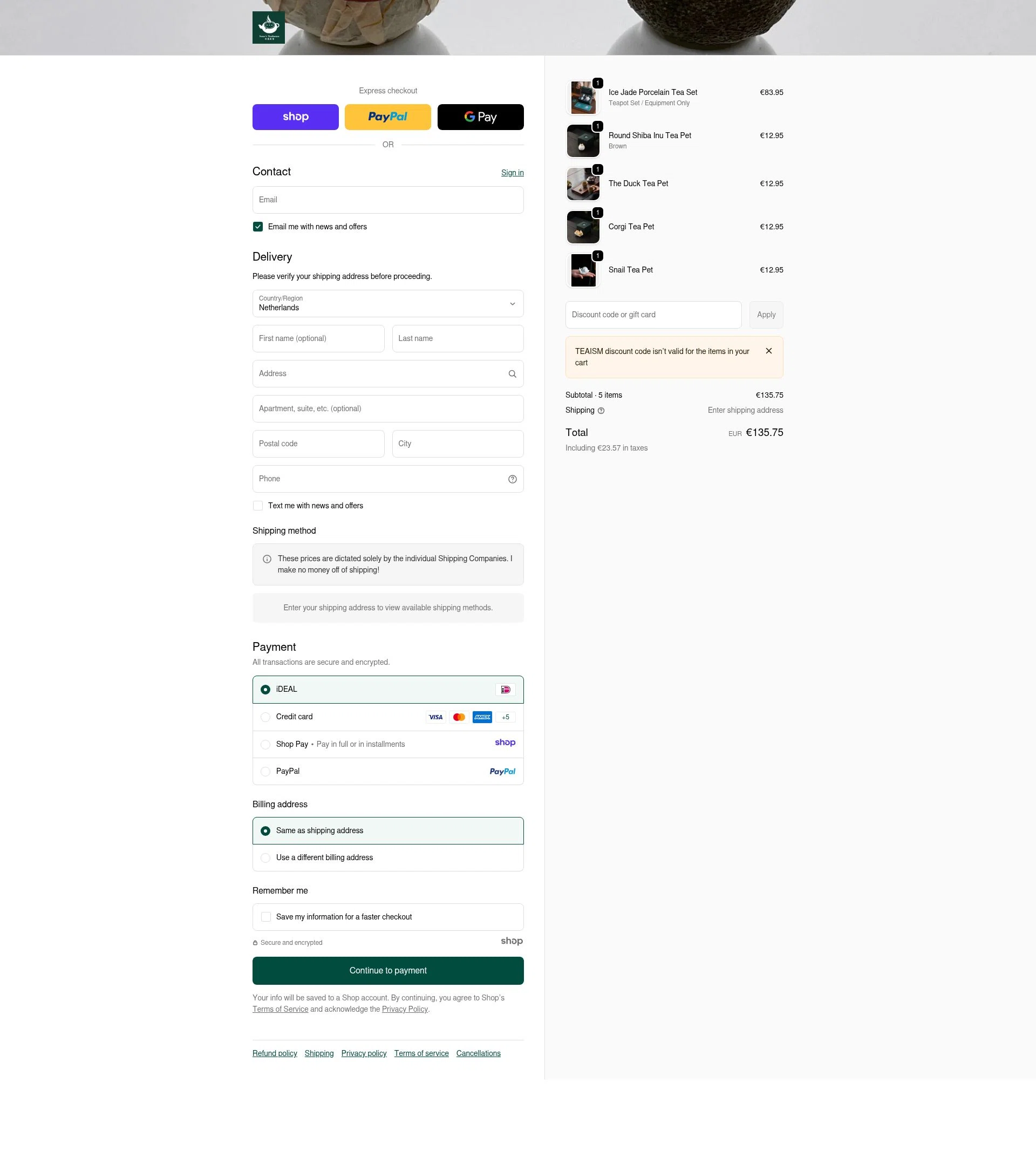 Jesse's Teahouse checkout page showing Jesse's Teahouse discount code box | Screenshot taken by SimplyCodes community member on Jan 6, 2026