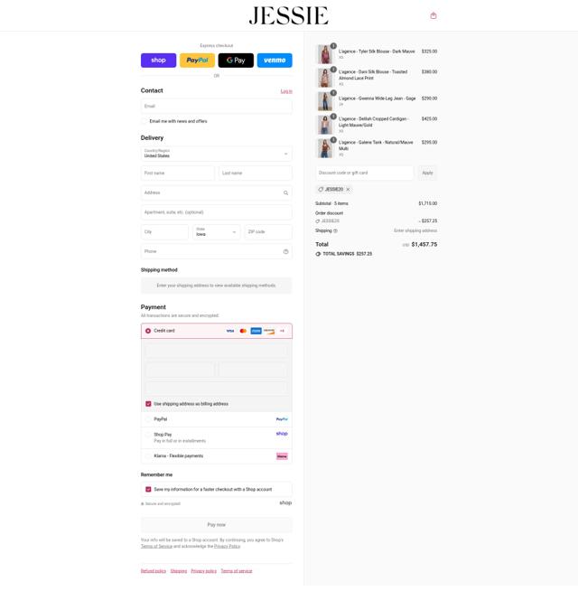 Jessie Boutique checkout page showing Jessie Boutique promo code box | Screenshot taken by SimplyCodes community member on Sep 4, 2025
